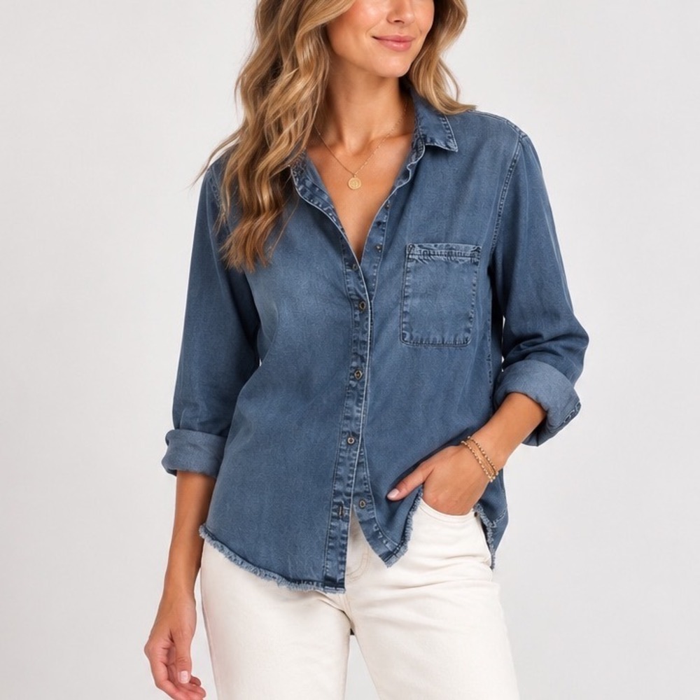 Bella Dahl Medium Wash Button Down Shirt Raw Hem Long Sleeve Top